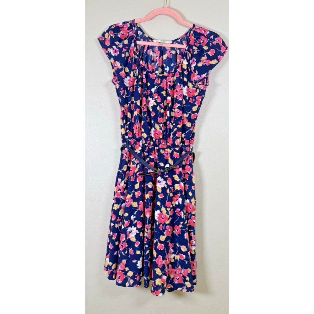 LC Lauren Conrad Fit & Flare Navy Floral Cap Sleeve Belted Waist Small